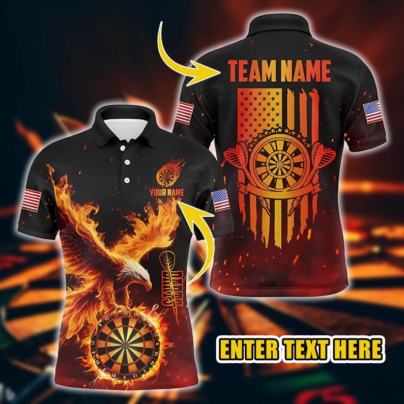Dart Polo Shirt, Custom Name & Team American Flag Eagle Fire Design, 3D Overprint Dartboard Shirt, Gift for Dart Players And Teams.