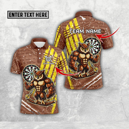 Custom Dart Team Jersey, Custom Polo Shirt with Fierce Muscular Owl, Dartboard, and Bold Yellow Stripes for Power & Team Spirit.