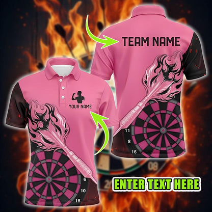 3D Printed Flaming Dart Polo Shirt for Men, Customized Team & Player Name, Casual T-Shirt, Fun Darts Jersey for Fans and Players.