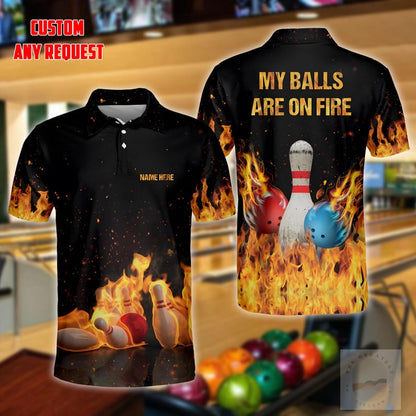 Personalized Fire Bowling Polo Shirt, Custom Name Bowling Team Short Sleeve Shirt, Bowling League Uniform