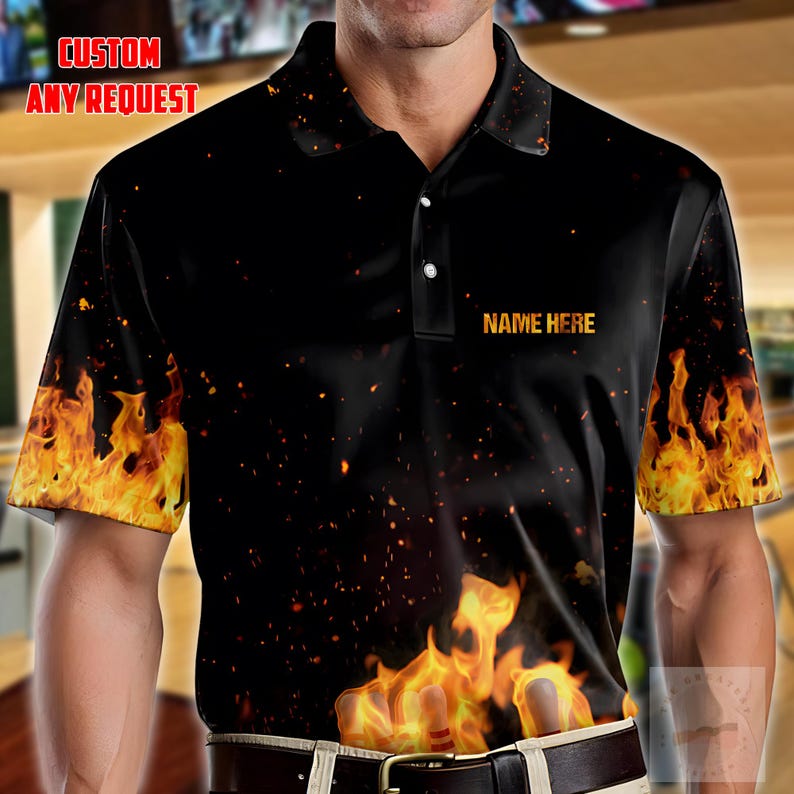 Personalized Fire Bowling Polo Shirt, Custom Name Bowling Team Short Sleeve Shirt, Bowling League Uniform