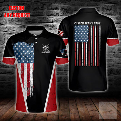 Personalized US Flag Bowling Polo Shirt, Custom Name Bowling Team Short Sleeve Shirt, Bowling League Uniform