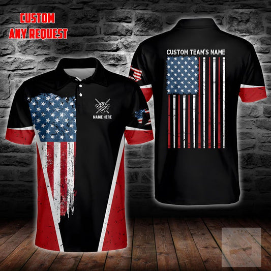 Personalized US Flag Bowling Polo Shirt, Custom Name Bowling Team Short Sleeve Shirt, Bowling League Uniform