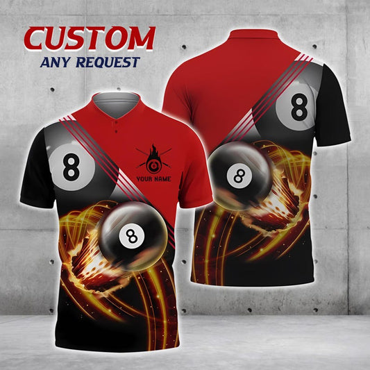 Custom 8 Ball Pool Polo Shirt, Custom Name Billiards Team Jersey, Fire Pattern Sportswear, Classic Pool Jersey for Men and Women.