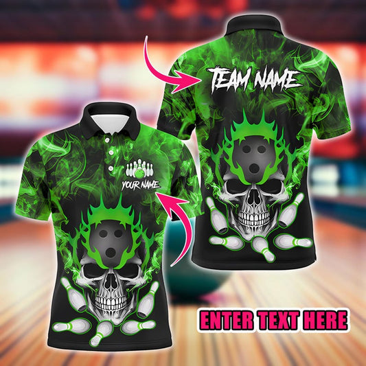 Custom Bowling Polo Shirt, Polo Shirt Flame Skull Design, Perfect for Bowling Teams, Ideal for Players, Coaches & Fans.