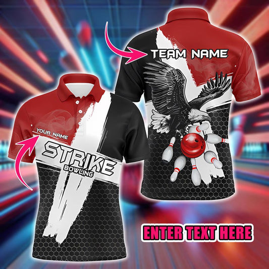Custom Bowling Polo Shirt, Name And Team Shirt with Eagle Strike Design, Retro Bowling Squad Outfit, Gift For Bowler, Bowling Lovers Shirt.