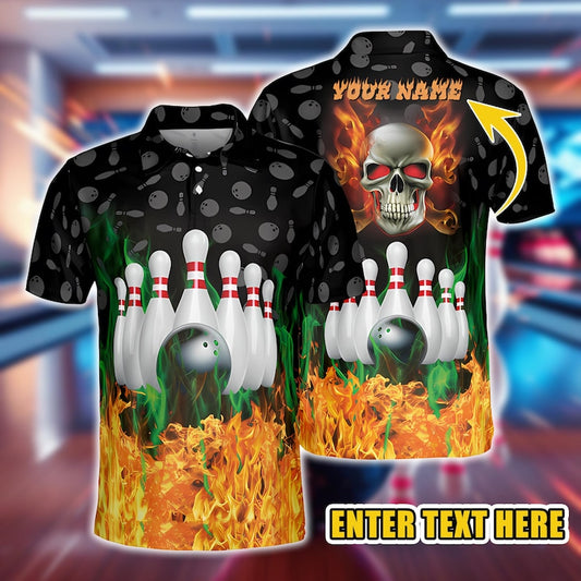 Custom Bowling Polo Shirt with Flaming Skull & Pins Design, Perfect for Bowling Teams, Players, Bowling Lovers Shirt.