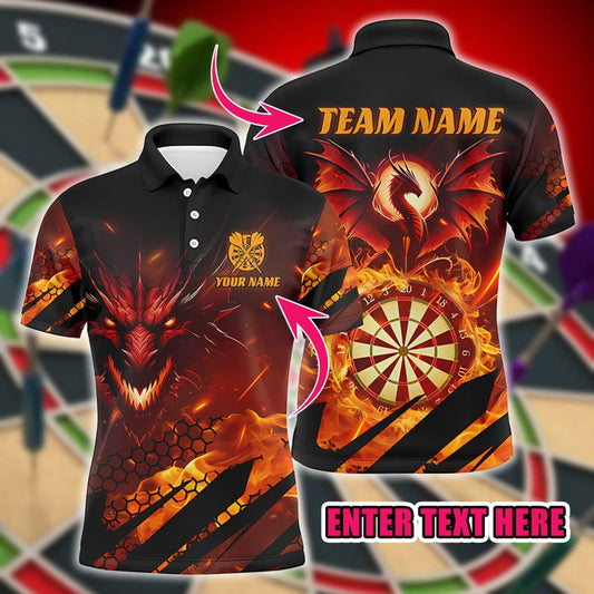 Custom Darts Team Polo Shirt, Personalized Name And Team Print, Striking Flame Design with Dartboard Graphic for Dart Players & Clubs.
