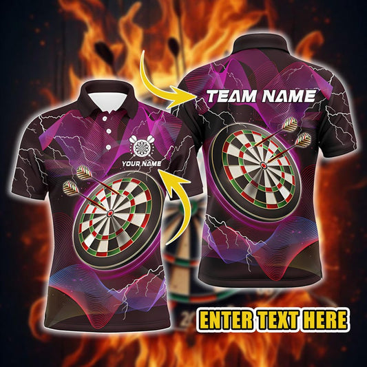 Custom Darts Polo Shirt, Unique Lightning Dartboard Design, Personalized Team & Name Print, Perfect Gift for Dart Players, Club Uniforms.