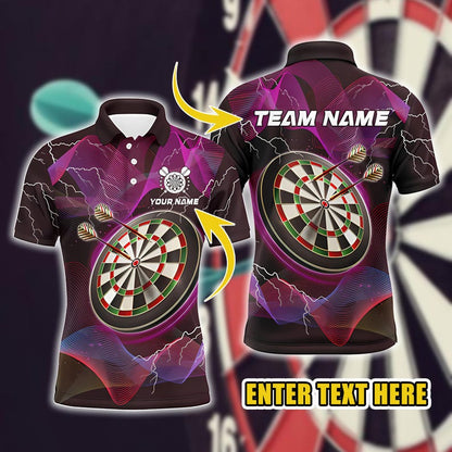 Custom Darts Polo Shirt, Unique Lightning Dartboard Design, Personalized Team & Name Print, Perfect Gift for Dart Players, Club Uniforms.