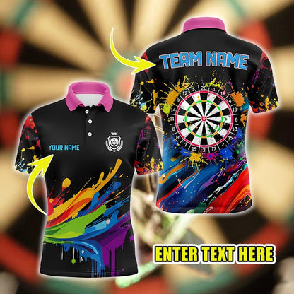 Custom Darts Polo Shirt with Colorful Paint Splash Dartboard Design, Personalized Team Name & Player Name Jersey, Unique Gift.