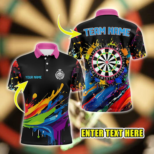 Custom Darts Polo Shirt with Colorful Paint Splash Dartboard Design, Personalized Team Name & Player Name Jersey, Unique Gift.