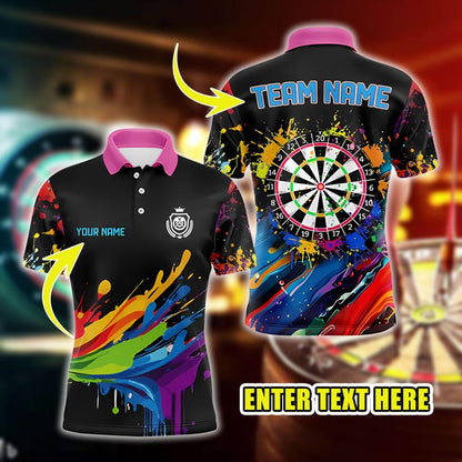 Custom Darts Polo Shirt with Colorful Paint Splash Dartboard Design, Personalized Team Name & Player Name Jersey, Unique Gift.