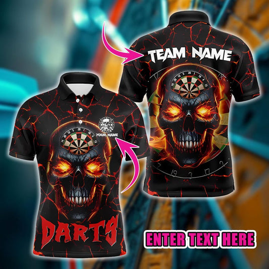 Personalized Name Dart Polo Shirt, Fiery Skull Dartboard Design, Custom Team Shirt for Men Women, Gift for Darts Lovers and Players.