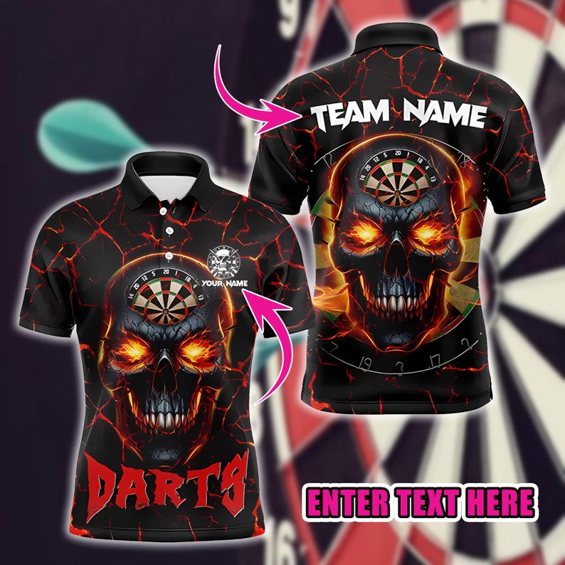 Personalized Name Dart Polo Shirt, Fiery Skull Dartboard Design, Custom Team Shirt for Men Women, Gift for Darts Lovers and Players.