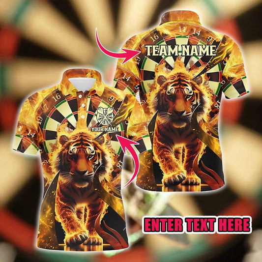 Darts Graphic Men Polo Shirt, Tiger Dartboard Design, Custom Name Team Uniforms, 3D Printed Short Sleeve Button Polo, Gift for Players.