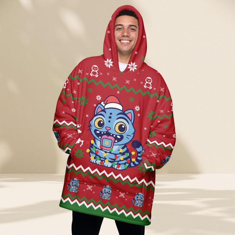 Blue Cat Ugly Christmas Hoodie Blanket
