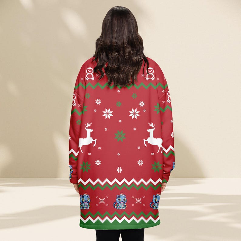 Blue Cat Ugly Christmas Hoodie Blanket