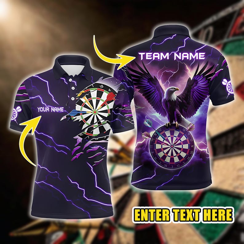 Personalized Dart Polo Shirt, Custom Name & Team Eagle Lightning Design, 3D Overprint Dartboard Shirt, Gift for Darts Players And Teams.