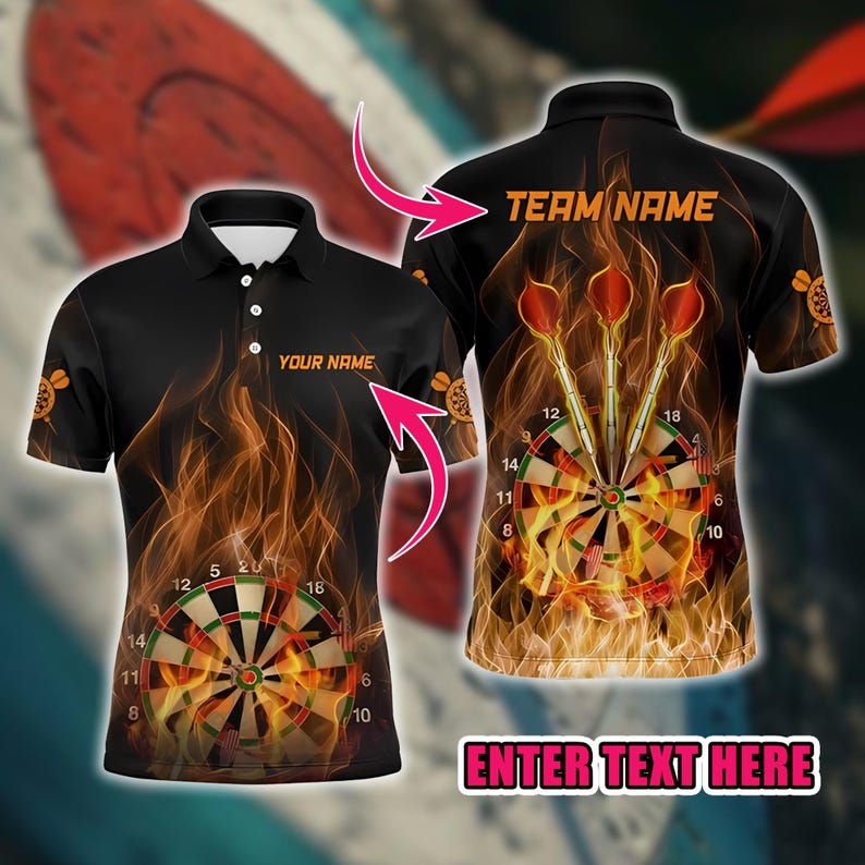 Dart Polo Shirt, Custom Name & Team Burning Flame Dartboard Design, 3D Overprint Darts Shirt, Gift for Dart Players And Teams.