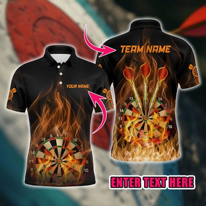 Dart Polo Shirt, Custom Name & Team Burning Flame Dartboard Design, 3D Overprint Darts Shirt, Gift for Dart Players And Teams.