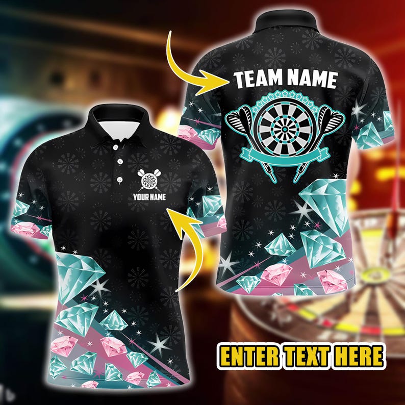 Custom Dart Polo Shirt with Diamond Design, Personalized Team Name & Player Name, Stylish Darts Jersey for Men And Women.