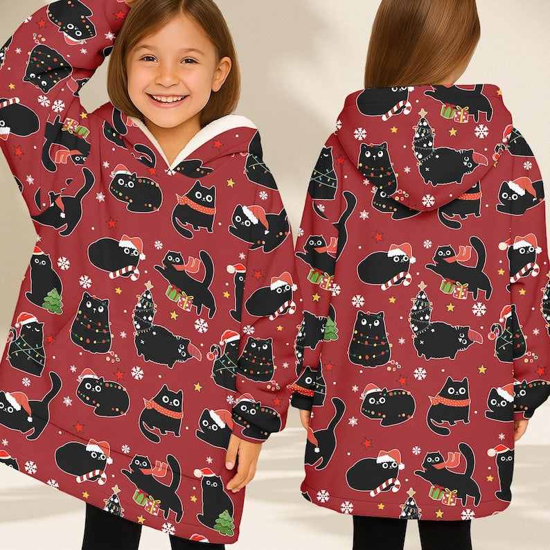 Black Cat Christmas Blanket Hoodie