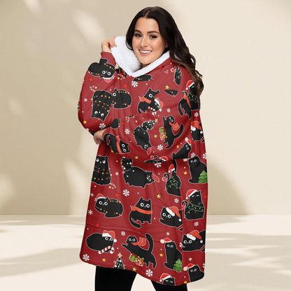 Black Cat Christmas Blanket Hoodie
