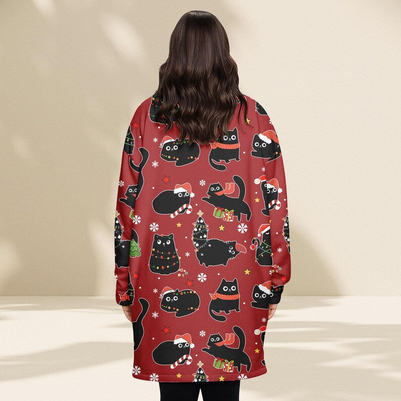 Black Cat Christmas Blanket Hoodie