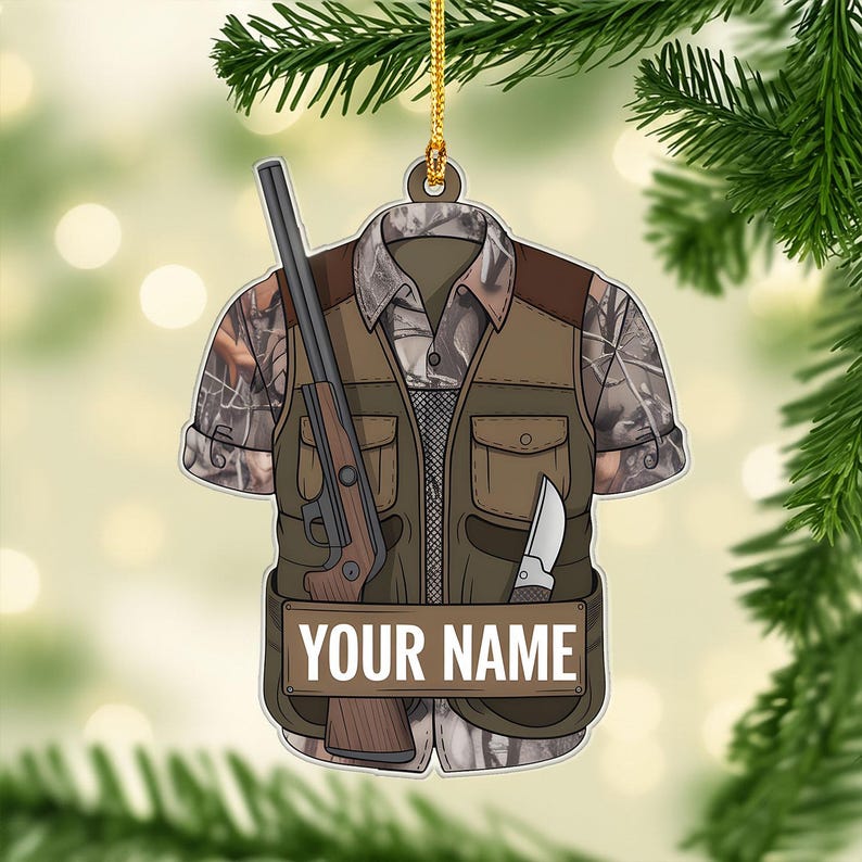 Personalized Hunting Vest Ornament, Custom Name Hunter Gift, Camo Shirt Christmas Decor, Outdoorsman Rifle Xmas Ornament, Hunting Life
