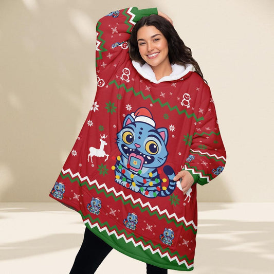 Blue Cat Ugly Christmas Hoodie Blanket