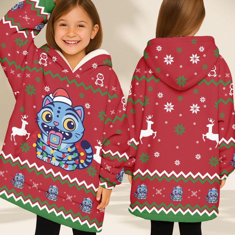 Blue Cat Ugly Christmas Hoodie Blanket