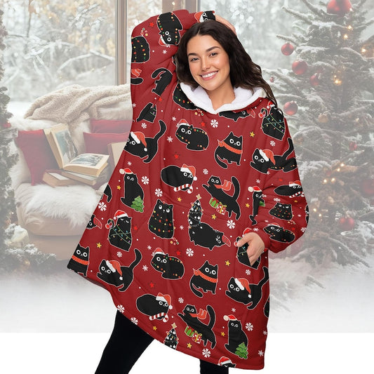 Black Cat Christmas Blanket Hoodie