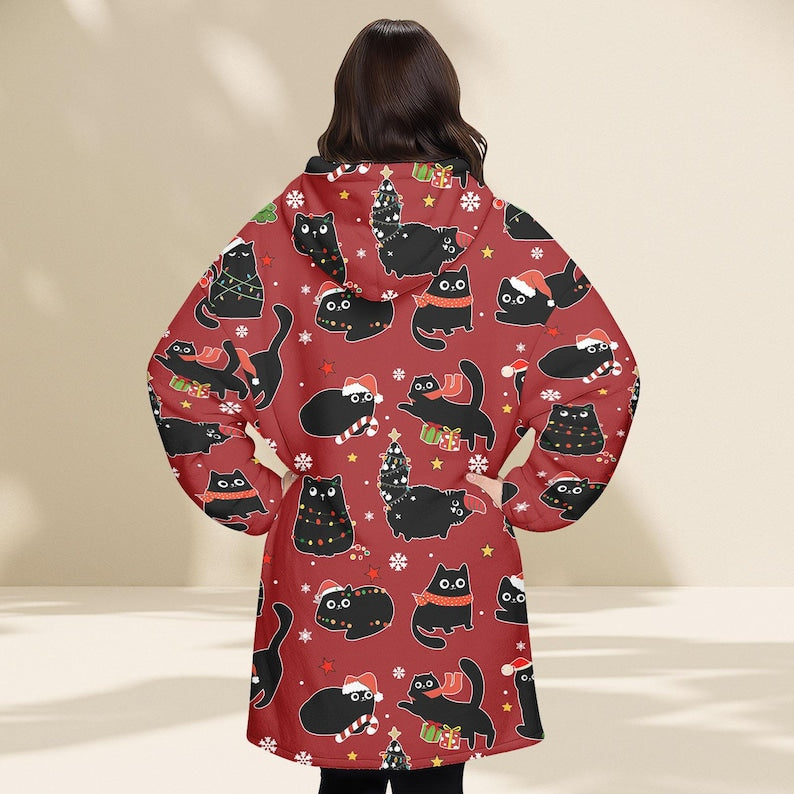 Black Cat Christmas Blanket Hoodie