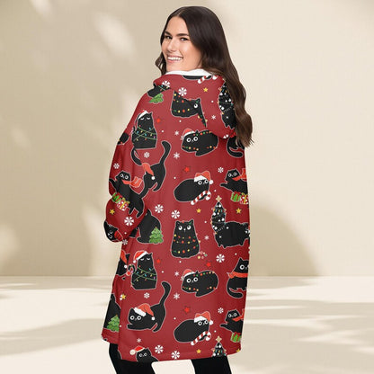 Black Cat Christmas Blanket Hoodie