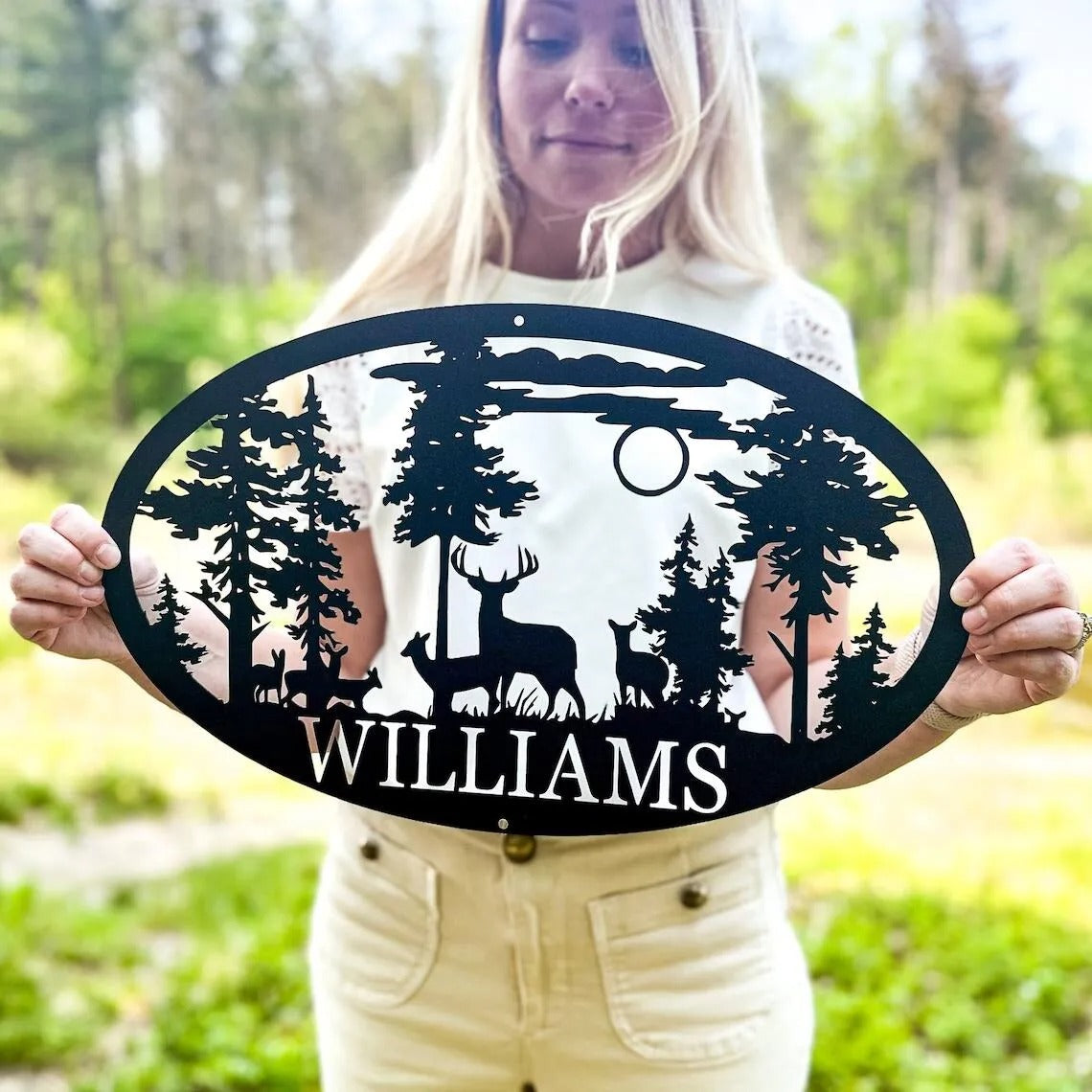 Personalized Oval Deer Metal Cabin Sign