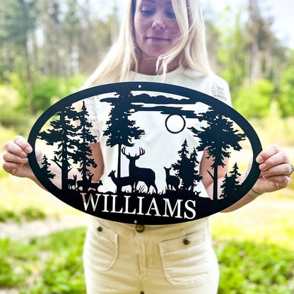 Personalized Oval Deer Metal Cabin Sign