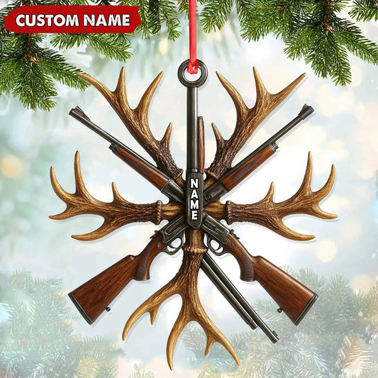 Custom Name Hunting Ornament, Antlers and Rifles Christmas Decor for Hunters