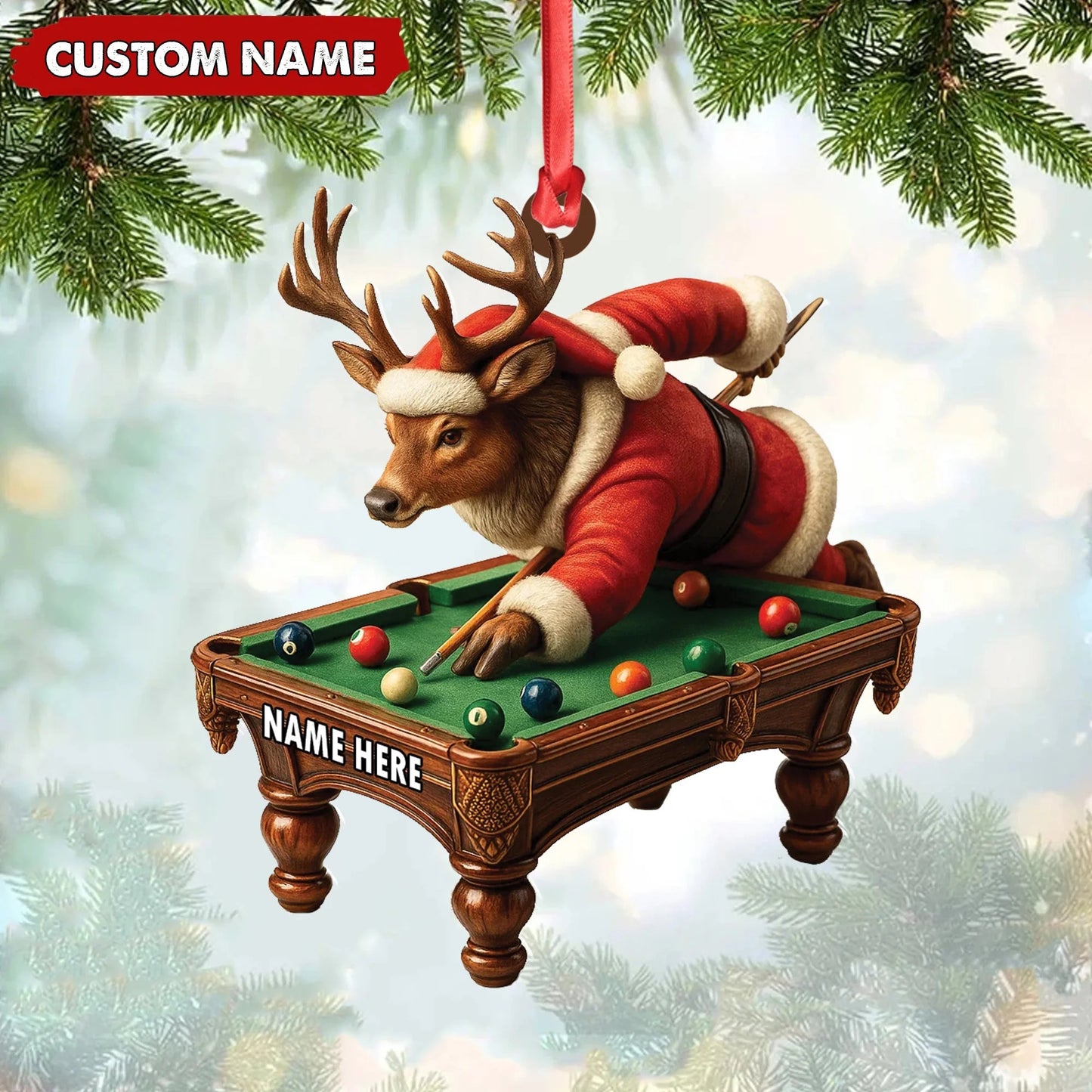 Personalized Acrylic Deer Christmas Ornament - Funny Buck Playing Pool in Santa Outfit Holiday Decor