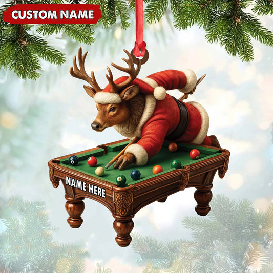 Personalized Acrylic Deer Christmas Ornament - Funny Buck Playing Pool in Santa Outfit Holiday Decor