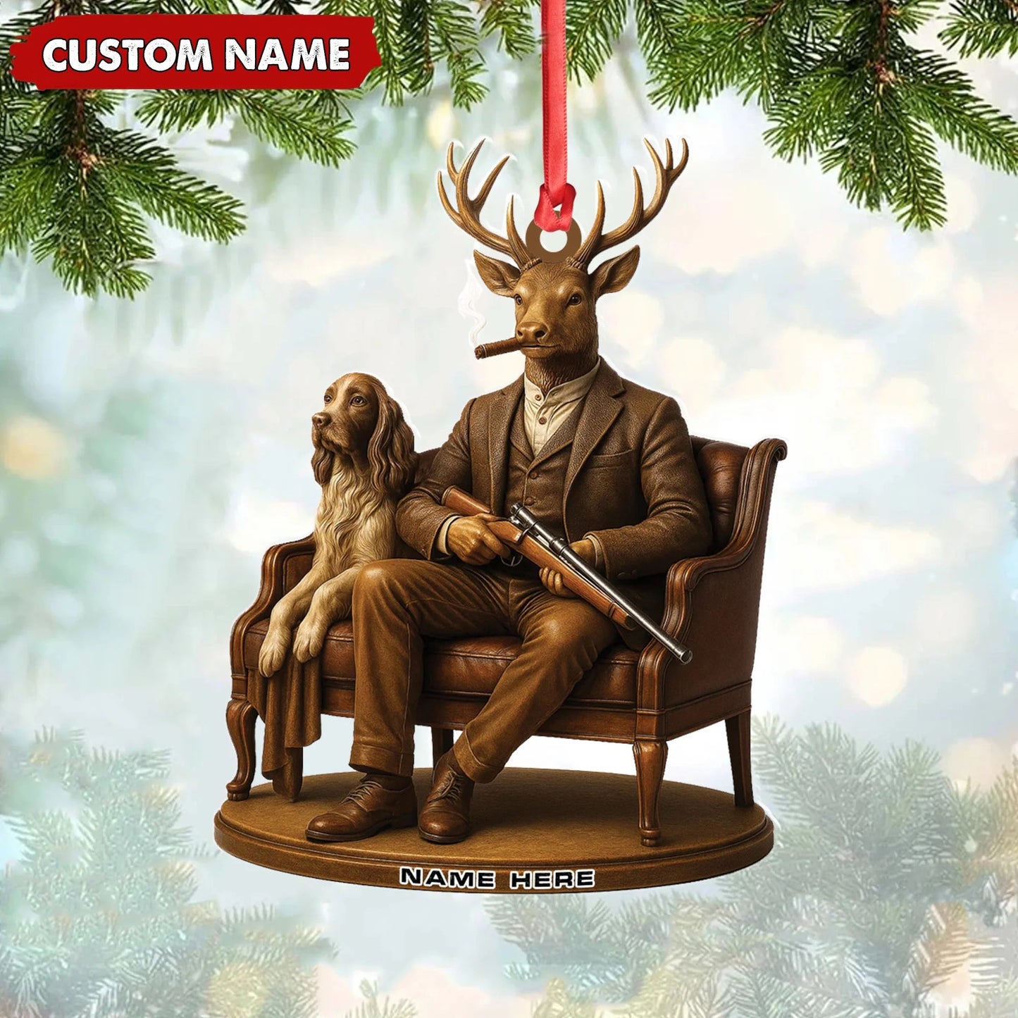 Personalized Acrylic Deer Christmas Ornament - Elegant Hunter Buck with Dog Holding Rifle Holiday Decor