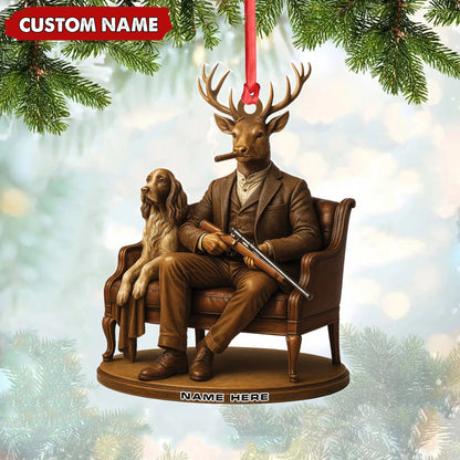 Personalized Acrylic Deer Christmas Ornament - Elegant Hunter Buck with Dog Holding Rifle Holiday Decor
