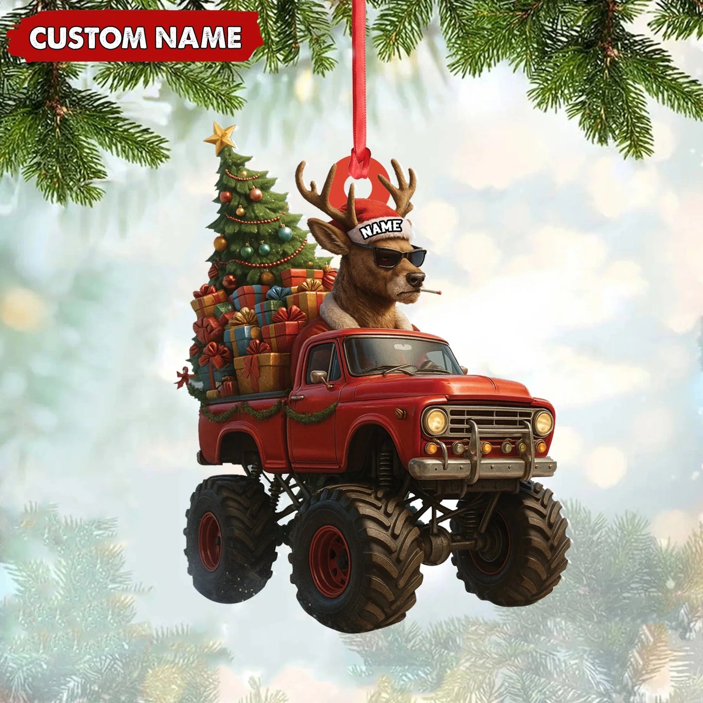 Personalized Funny Deer Truck Acrylic Christmas Ornament - Custom Name Gift for Hunters & Outdoor Lovers