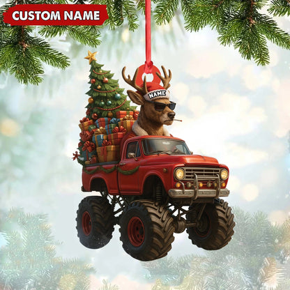 Personalized Funny Deer Truck Acrylic Christmas Ornament - Custom Name Gift for Hunters & Outdoor Lovers