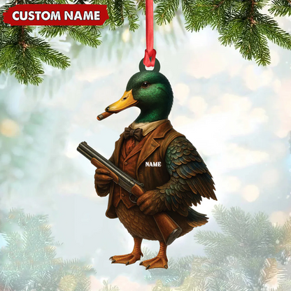 Personalized Funny Duck Hunter Ornament, Dapper Mallard with Gun Christmas Decor, Unique Gag Gift for Hunters and Men