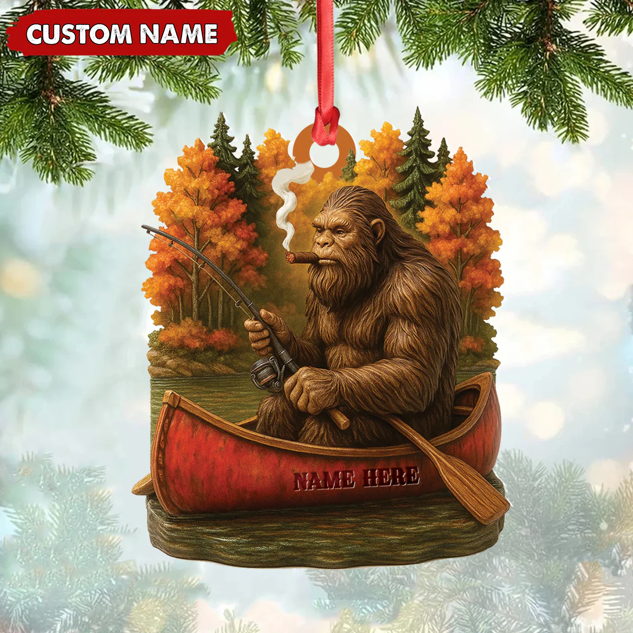 Personalized Bigfoot Fishing Ornament, Funny Sasquatch in Canoe Christmas Decor, Unique Gift for Fishermen and Outdoor Lovers