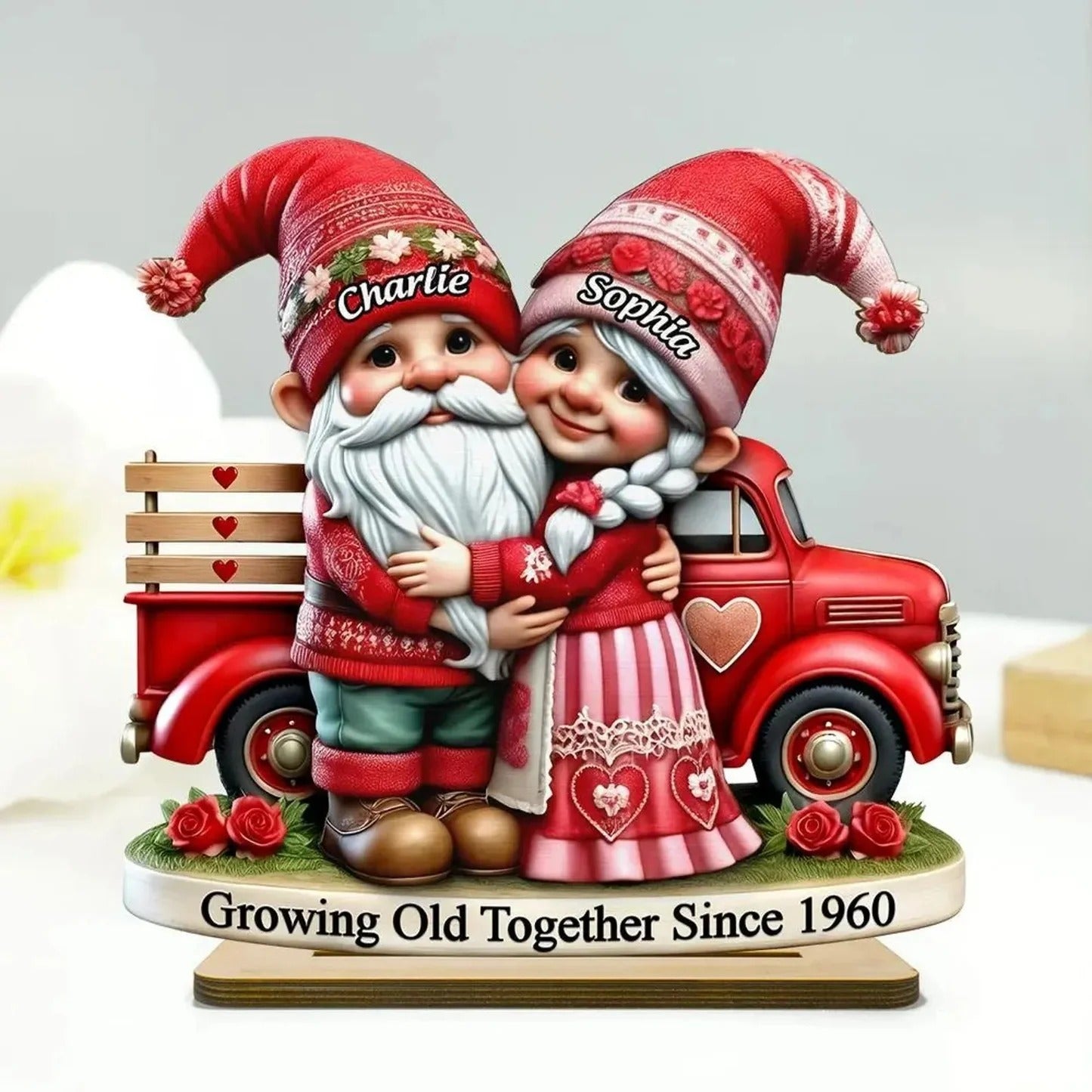 Personalized Gnome Couple Truck Wooden Standing