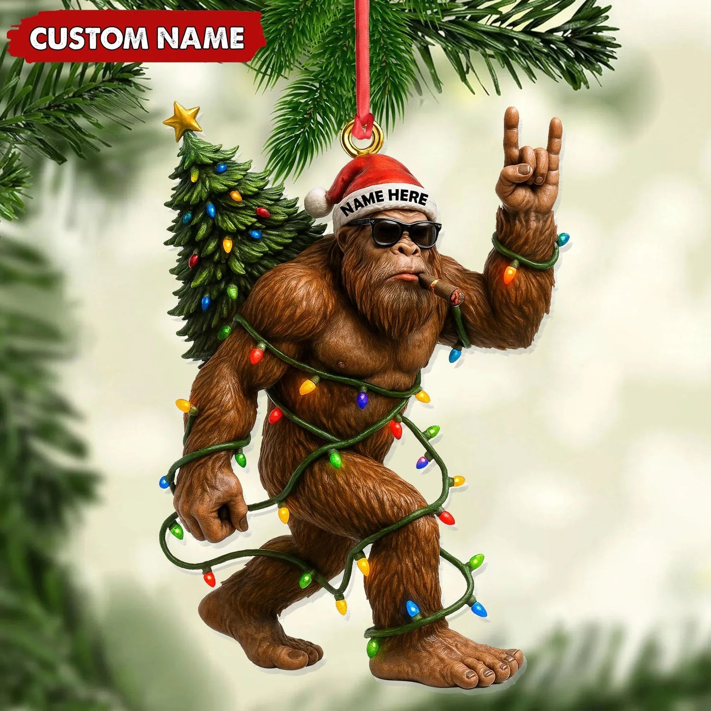 Personalized Bigfoot Christmas Ornament, Custom Name Funny Holiday Gift for Hunters