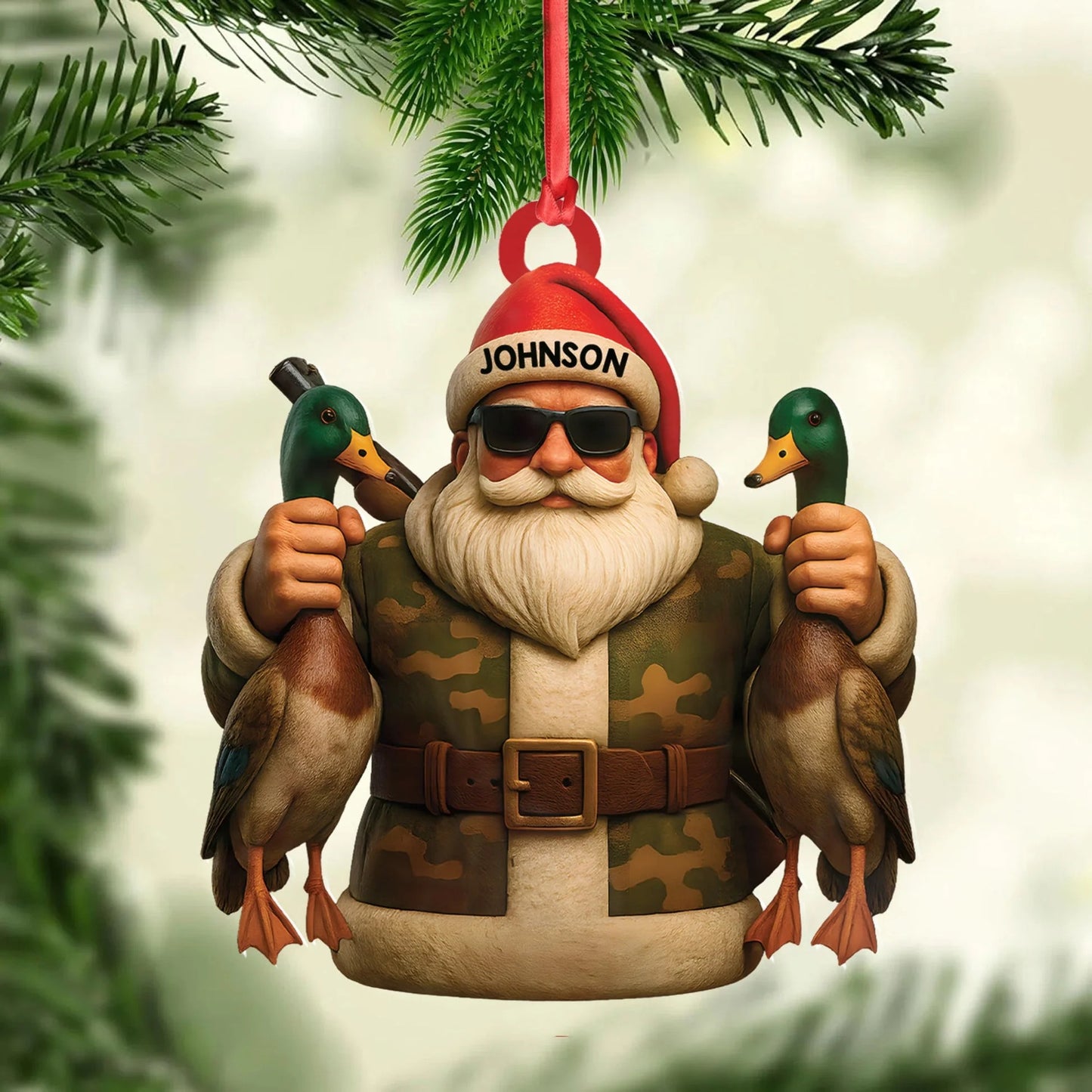 Personalized Duck Hunter Santa Acrylic Ornament - Funny Christmas Gift for Hunters - Custom Name Camo Decor