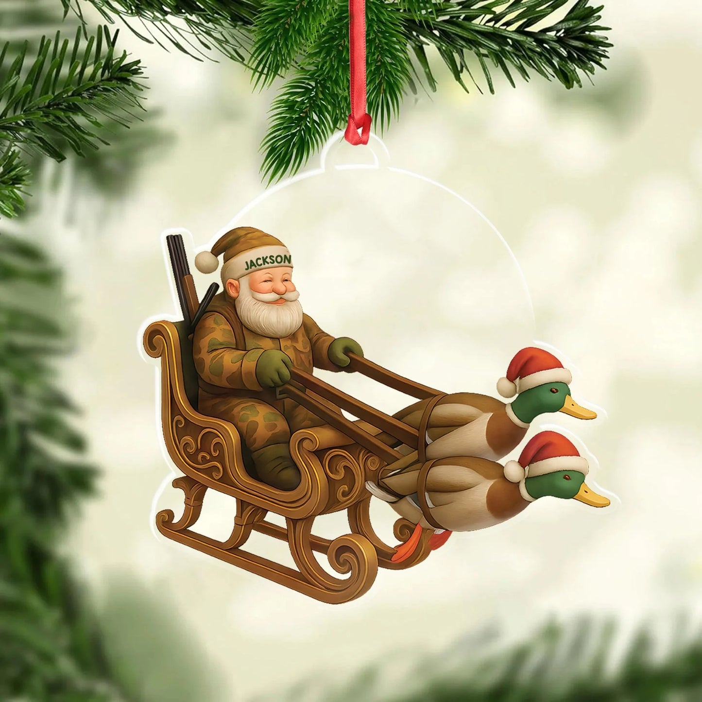 Personalized Funny Santa Hunter Acrylic Ornament- Duck Hunting Christmas Wall Art, Santa Claus with Ducks Sleigh, Custom Hunter Gift for Men